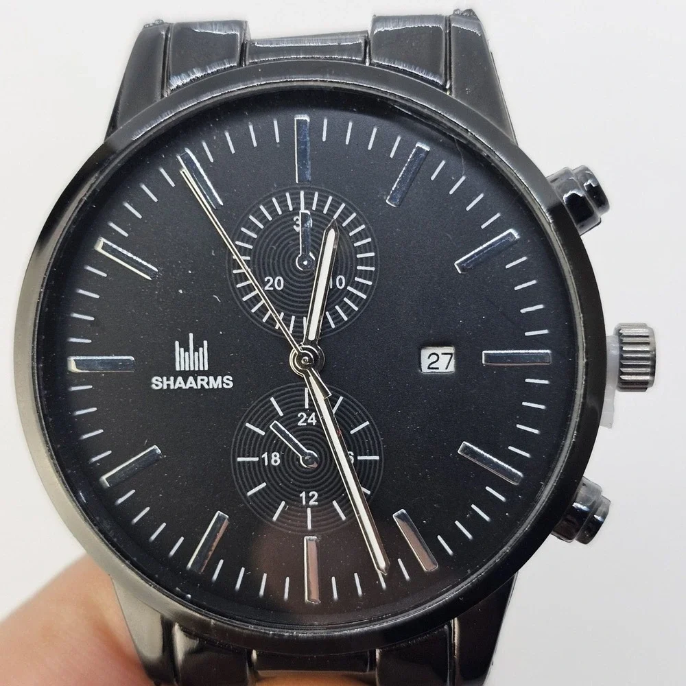 Men's 2 PC Watch Bracelet Set 42MM Black Dial Date Indicator Black‎ Bracelet